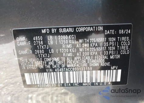 2025 Subaru Outback Premium z USA, uszkodzony, nr VIN 4S4BTACC8S3133159
